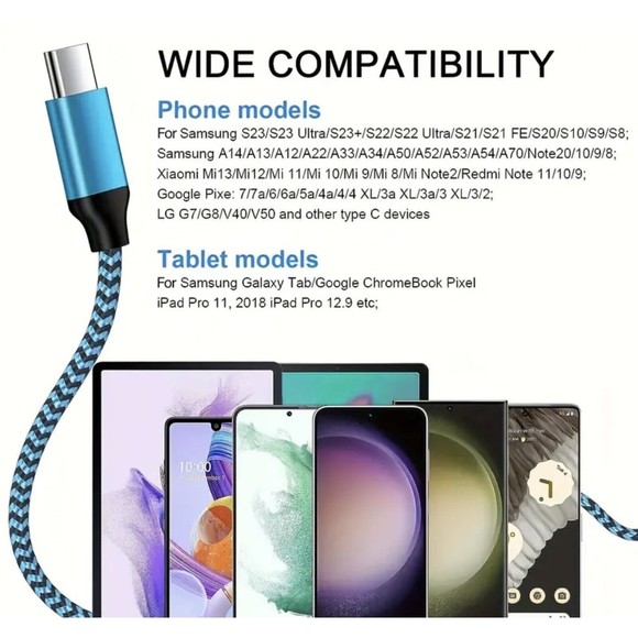 USB-C  6FT long  Fast Charging Data SYNC Charger Cable Cord silvery - Picture 9 of 9